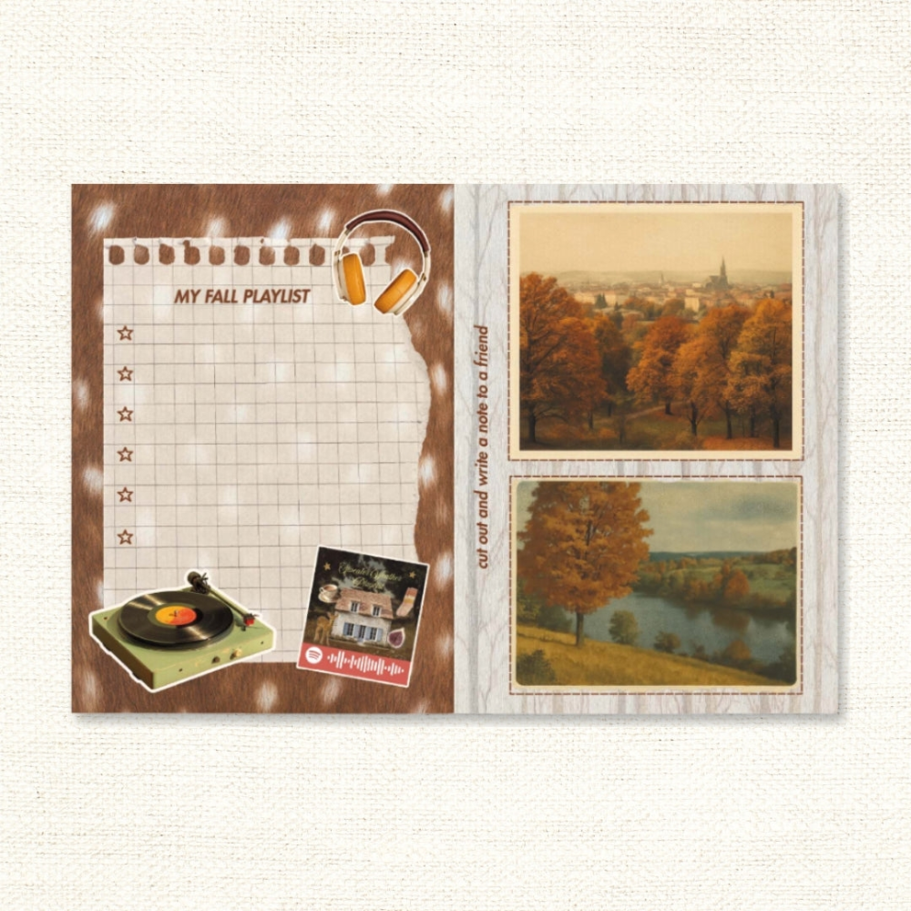 A collage spread with the text 'My Fall Playlist', left blank to fill in, and images of fall landscapes with bright leaves