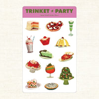 Sticker sheet with illustrations of desserts and a 'Trinket Party' label on a light background.