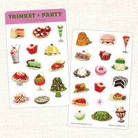 Sticker sheet with various dessert illustrations labeled 'Trinket Party' on a textured beige background.
