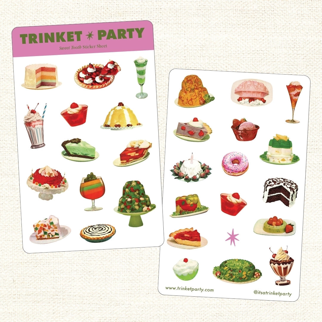 Sticker sheet with various dessert illustrations labeled 'Trinket Party' on a textured beige background.