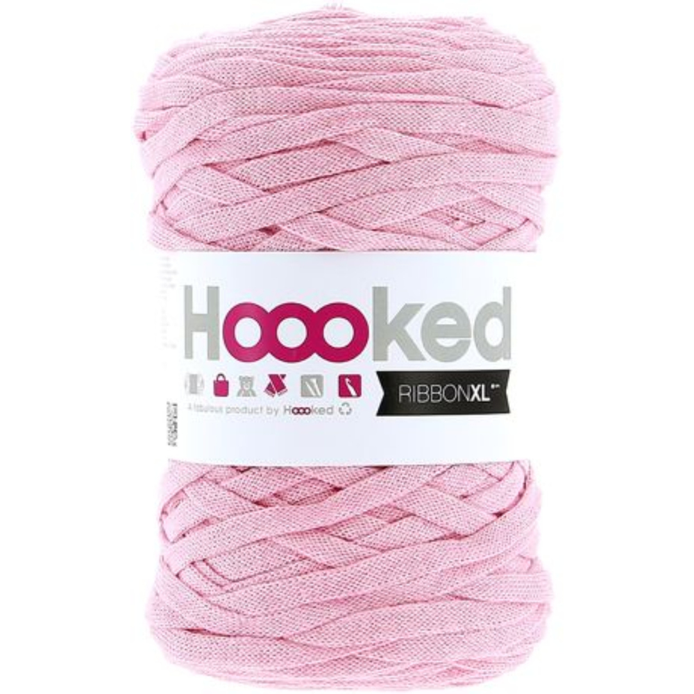 Pink yarn ball with 'Hoooked' label on a white background