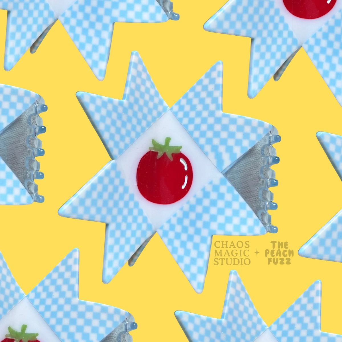Pattern of star-shaped tiles with red tomato design on a yellow background, featuring 'Chaos Magic Studio' and 'The Peach Fuzz'.