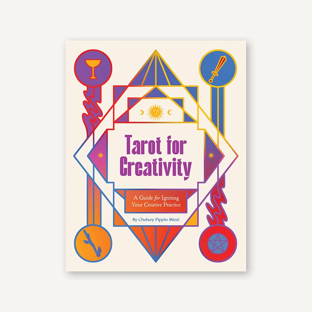 White cover with neon colored abstract symbols; a chalice in top left, a sword top right, a wooden branch bottom left, and pentagram on bottom right with a sun and two moons in top center. The title says "Tarot for Creativity: A guide for igniting your creative practice".
