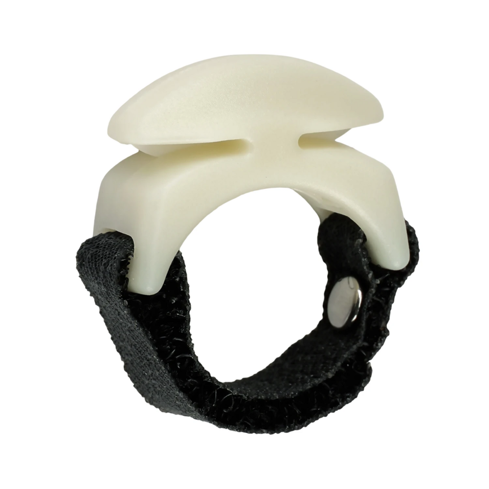 An off-white plastic ring-shaped device with hidden blades on the sides, a black textured strap and a silver metal snap button, shown on a solid white background.