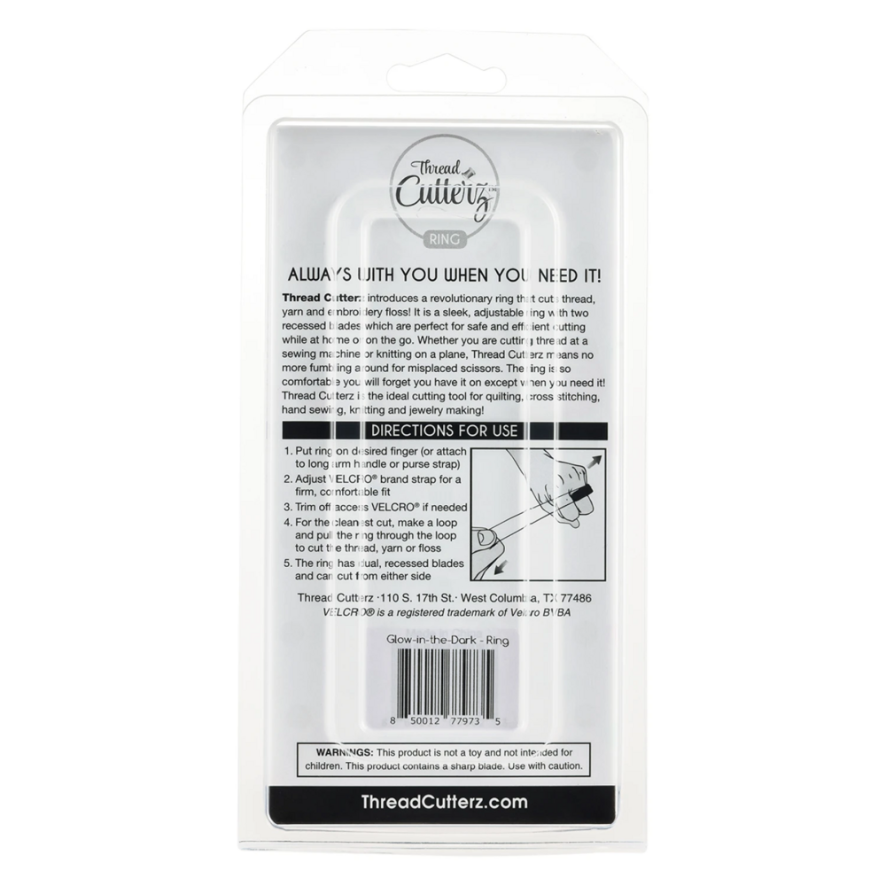 ThreadCutter thread starter kit in a clear plastic hanging bag with printed instructions and a barcode on a white background.