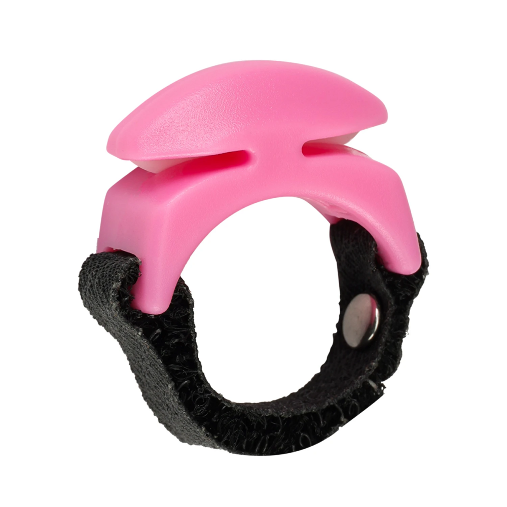 A pink plastic ring-shaped device with hidden blades on the sides, a black textured strap and a silver metal snap button, shown on a solid white background.