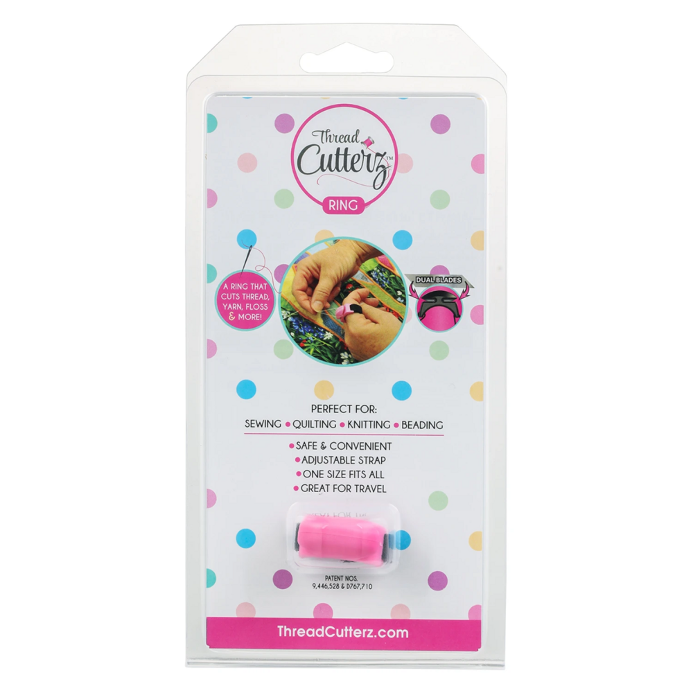 ThreadCutters Ring Insert Kit in its original retail packaging, featuring a white card with colorful polka dots and a small pink ring cutter at the bottom. Used for sewing, quilting, knitting, and beading.
