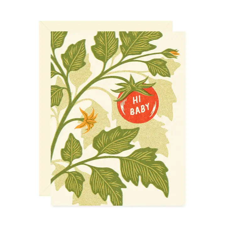 A beige greeting card featuring a vintage inspired drawing of a tomato plant with text reading “Hi baby" on a white background.