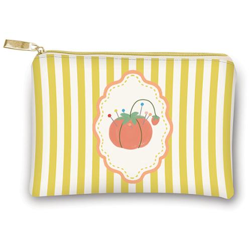 Striped pouch with a tomato pin cushion design on a white background