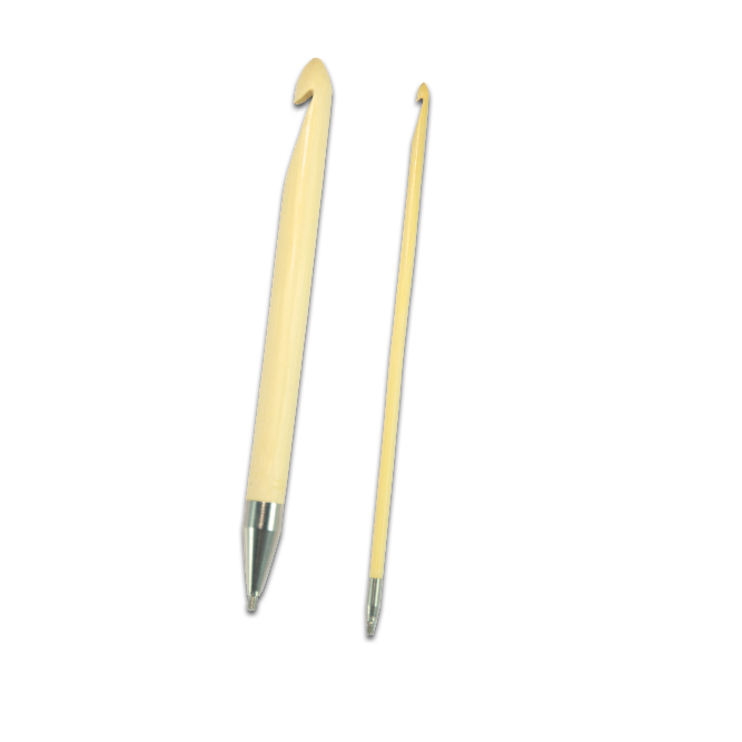 Two wooden tunesian crochet hooks on a white background