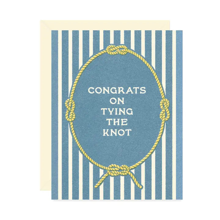 Card featuring blue and white pinstripes and a ring of knotted cord surrounding the text "Congrats on tying the knot" on a white background.