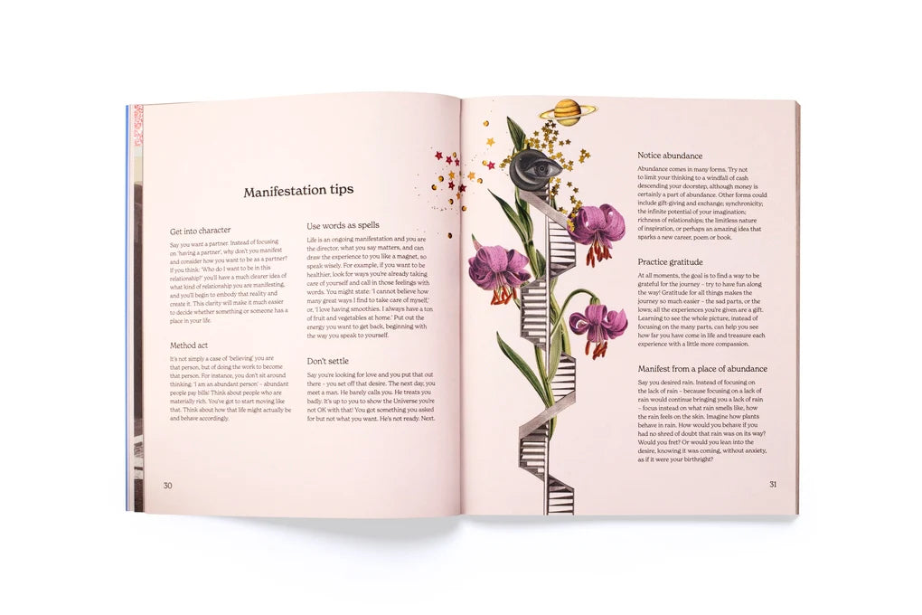 Open book with illustrated flowers and text on a white background