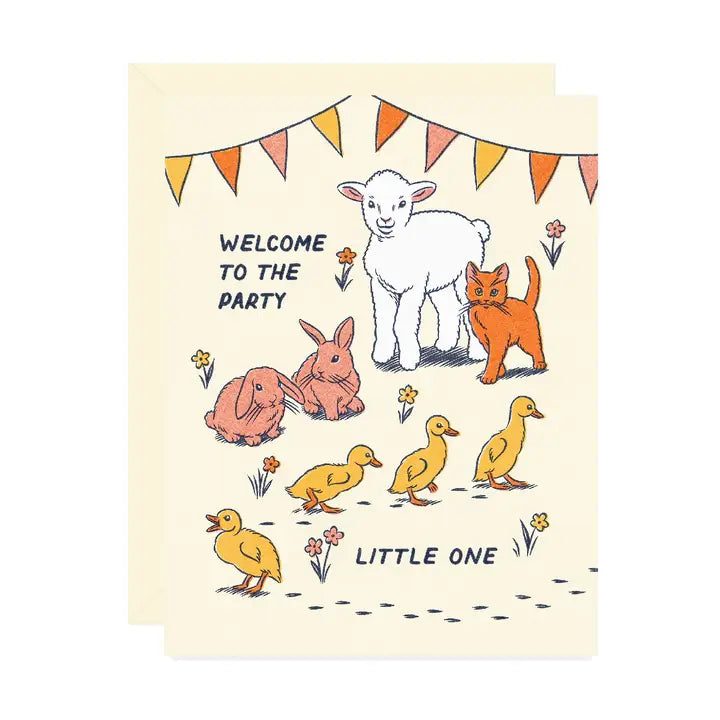 Beige card featuring a group of farm animals including ducklings, bunnies, a lamb, and a kitten all under festive bunting with text that reads “Welcome to the Party Little One" on a white background.
