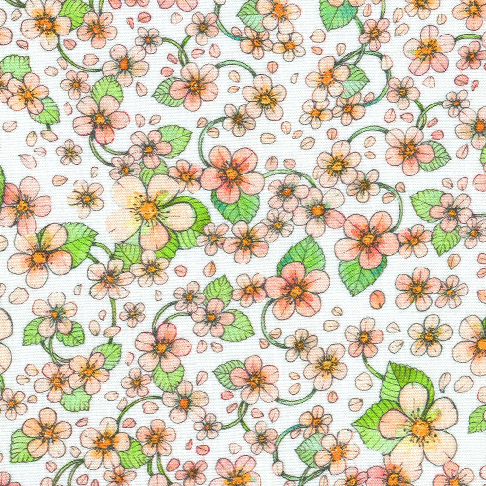 Colorful floral pattern with pink, green, and orange flowers on a white background