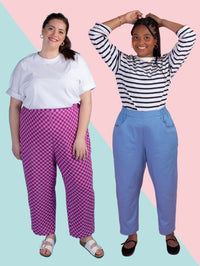 Two women wearing different outfits on a colorful background