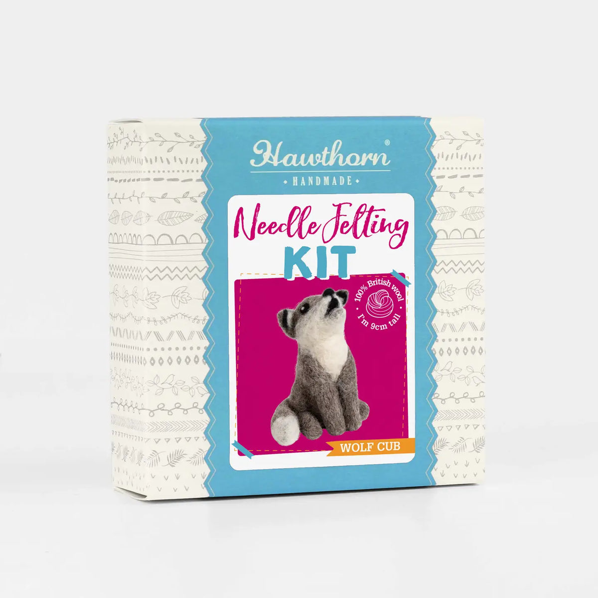 Hawthorn Handmade needle felting kit packaging with a wolf cub illustration on a white background