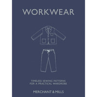 Book cover of 'Workwear' by Merchant & Mills with line drawing of work jacket and pants on a blue background.