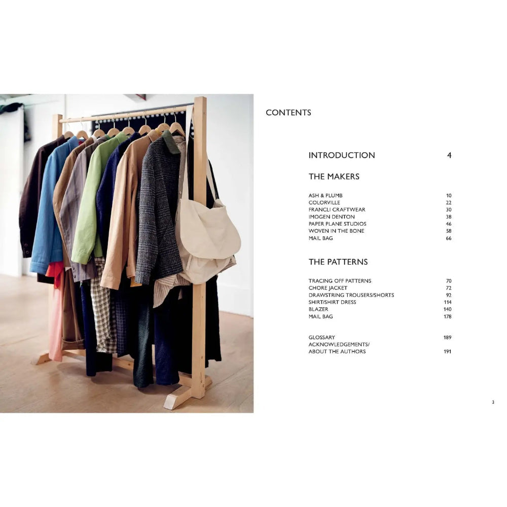 Clothing rack with various garments and a beige handbag on a white background with Table Of Contents.