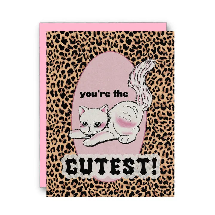 Card with a cat illustration and leopard print border on a white background