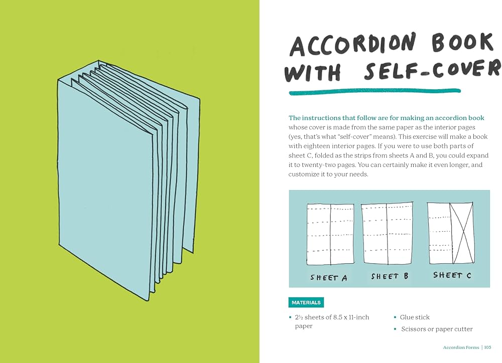 Accordian book with self-cover on a green background