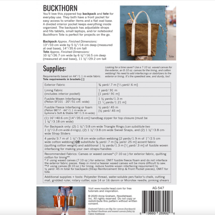 Buckthorn Backpack & Tote Pattern Pattern Noodlehead